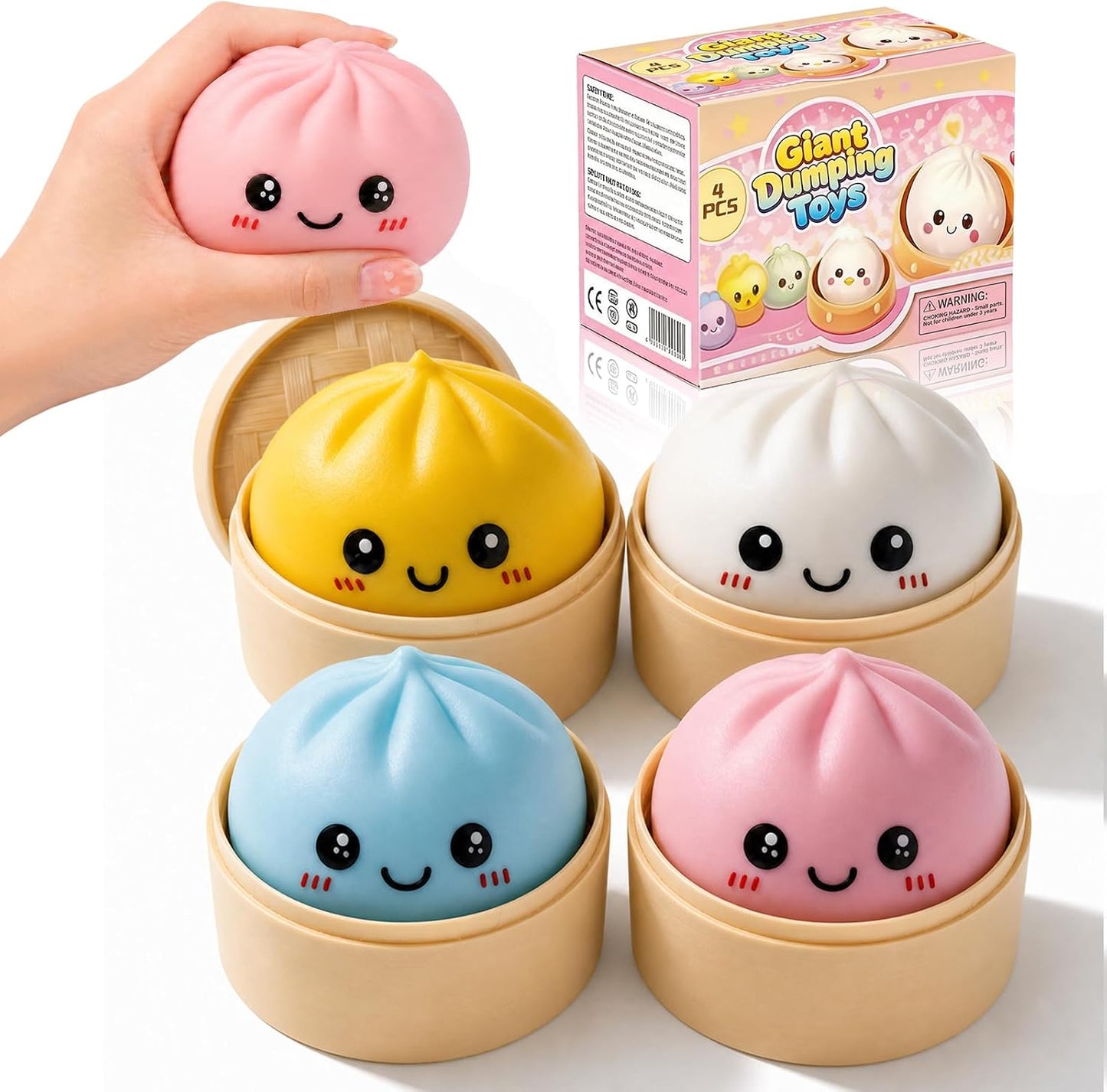 Dumpling Squishy 4 Pack with Food Steamer - 3.96 Inch Squishy Dumpling,Jumbo Dumpling Squishy Toys, Soft TPR Material, for Kids Adults, Stress Relief, Desk Toys
