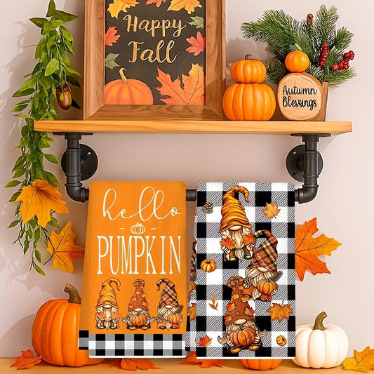 Set of 2 Autumn Pumpkin Gnome Kitchen Towels, Buffalo Plaid