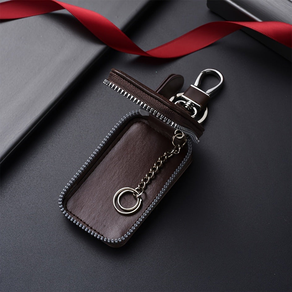 Men's Black Wolf-Print Wallet with Dark Brown Key Case, 2-Piece Set