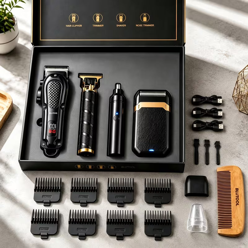 Men's grooming kit in a black gift box: hair clipper, T-blade trimmer, nose trimmer, foil shaver, guide combs and comb