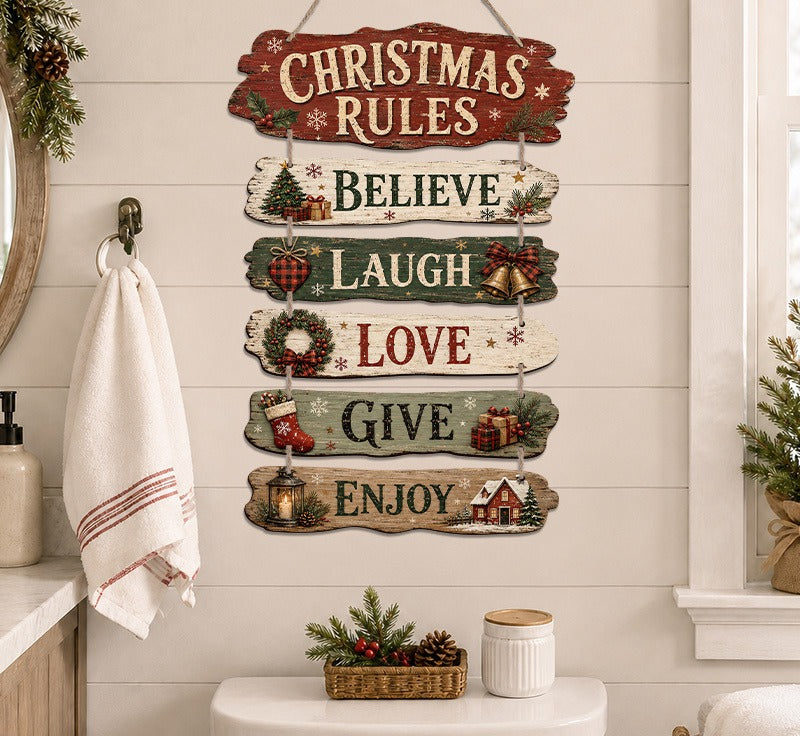 Wooden Christmas Rules Hanging Sign: Believe, Laugh, Love, Give, Enjoy