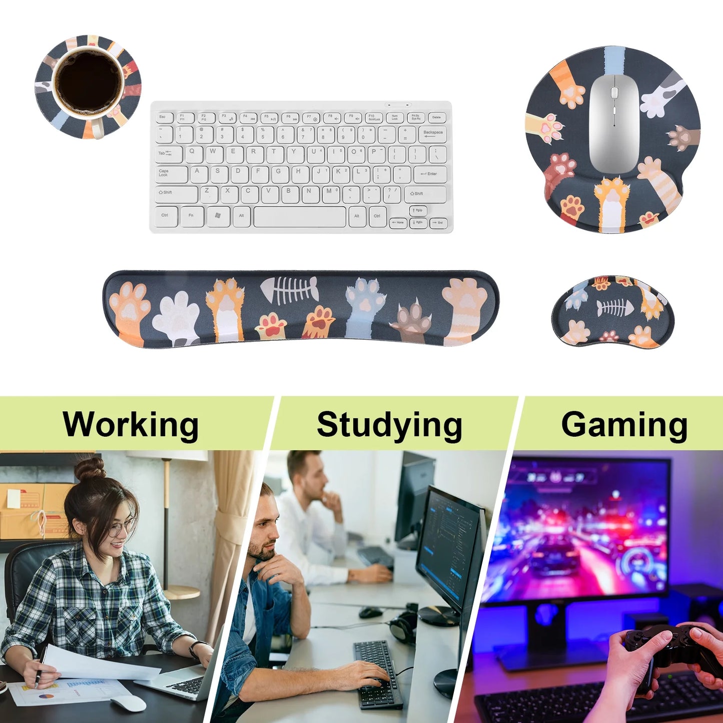 Ergonomic Mouse Pad with Wrist Rest, No Slip Keyboard Wrist Rest and Computer Wrist Support, Memory Foam Wrist Pad with Cup Coaster for Keyboard for Easy Typing and Hand Pain Relief