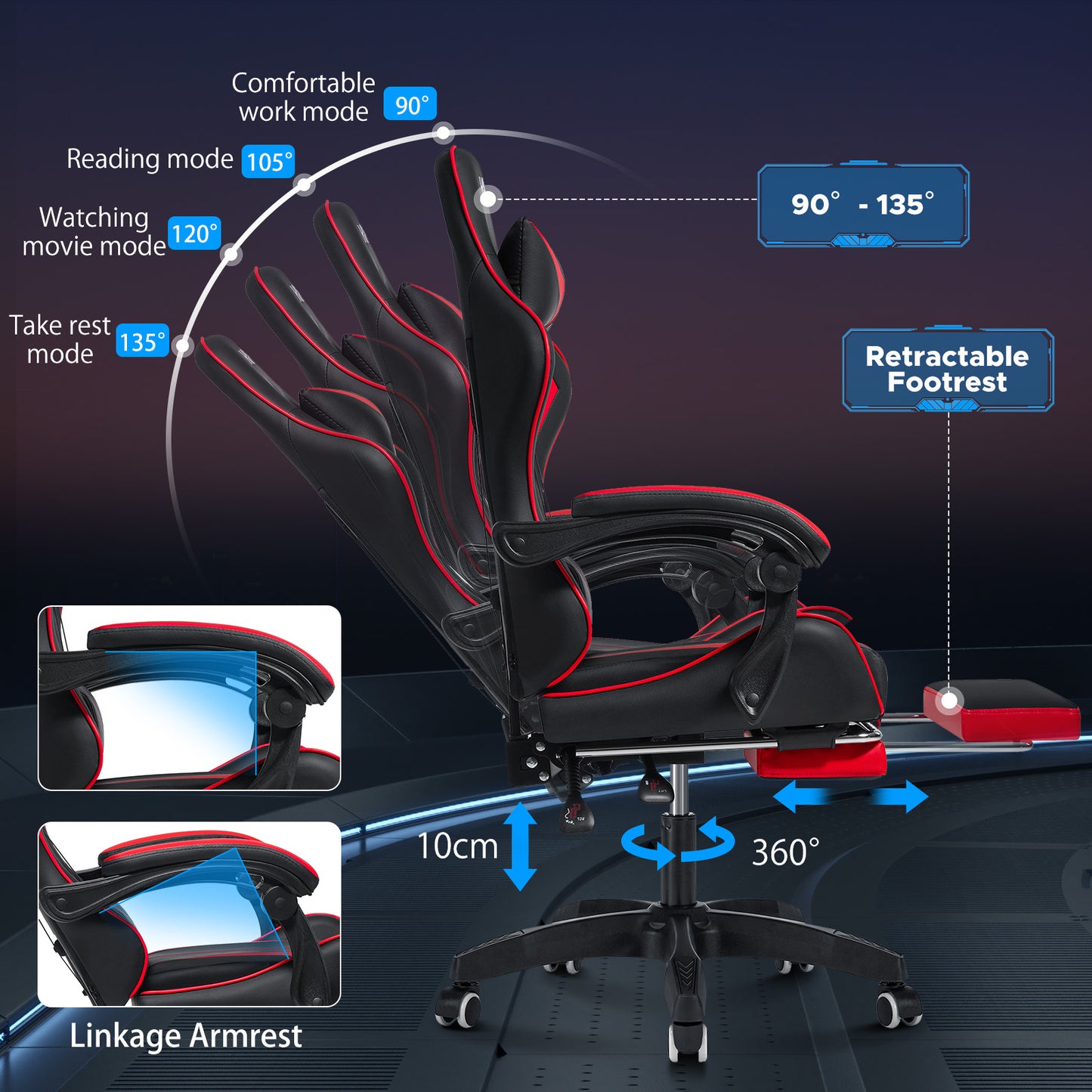 Gaming Chair Massage Game Chair with Footrest and Massage Lumbar Support Ergonomic Computer Chair Height Adjustable with Swivel Seat and Headrest
