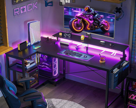 48 Inch Gaming Desk with USB Charging Ports and LED Lights, Reversible L Shaped Computer Desk with Storage Shelves & Monitor Stand, Corner Gamer Desk Table with Power Outlets, Black