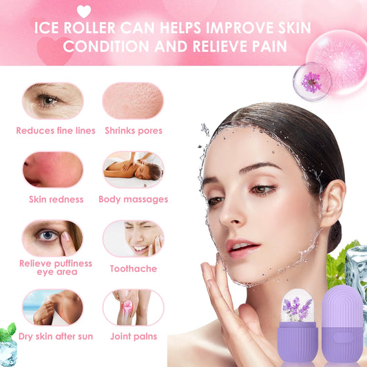 Ice Face Roller Silicone Ice Facial Roller for Face Contour Eyes Neck - Purple Beauty Massage Tool Remove Dark Circles Pore Shrink Skin Care