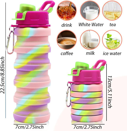 Silicone Collapsible Water Bottles, 16Oz 500Ml Portable Foldable Expandable Water Bottle Sports Cups, Leak Proof Reusable BPA Free, for Outdoor Activities Travel(2# Pink)