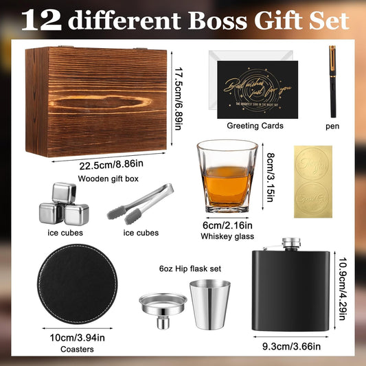 Gifts for Men Dad,12 Pcs Whiskey Gifts Set with Whiskey Glasses Stainless Steel Stones Flask Coaster Pen Card for Father'S Day Birthday Retirement Gift for Husband Drinking Lover(Classic)