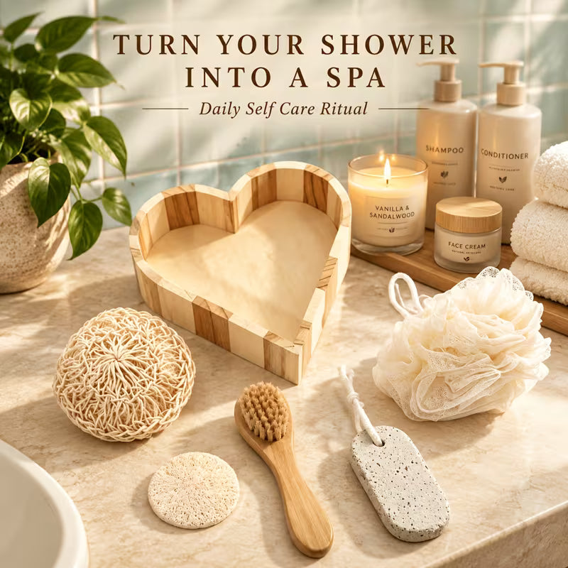 Heart-shaped wooden box with bath brush, loofah, scrubber and pumice stone on a bathroom counter