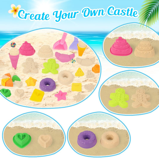 35 Piece Beach Sand Toy Set with Collapsible Silicone Bucket Mesh Bag and Molds Kids Outdoor Sandbox Play Ages 3-12