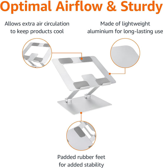 Sturdy and Portable Ergonomic Laptop Stand for Desk, Height Adjustable Riser with Ventilated Cooling, Foldable, Fits All Laptops up to 15.6 Inch, Silver