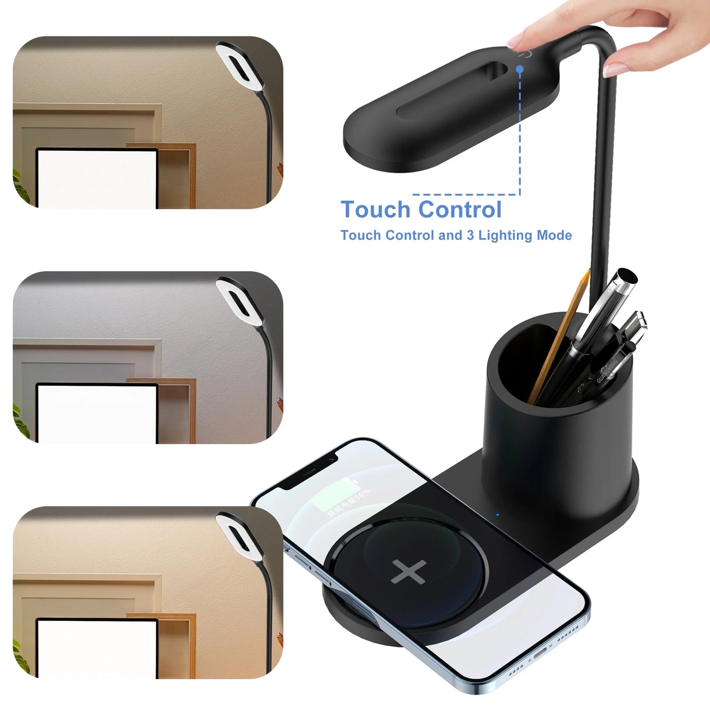 Small Led Desk Lamp for an Office in Home with USB Port and Wireless Charging - 3 Modes Dimmable Gooseneck Desk Light(Black)