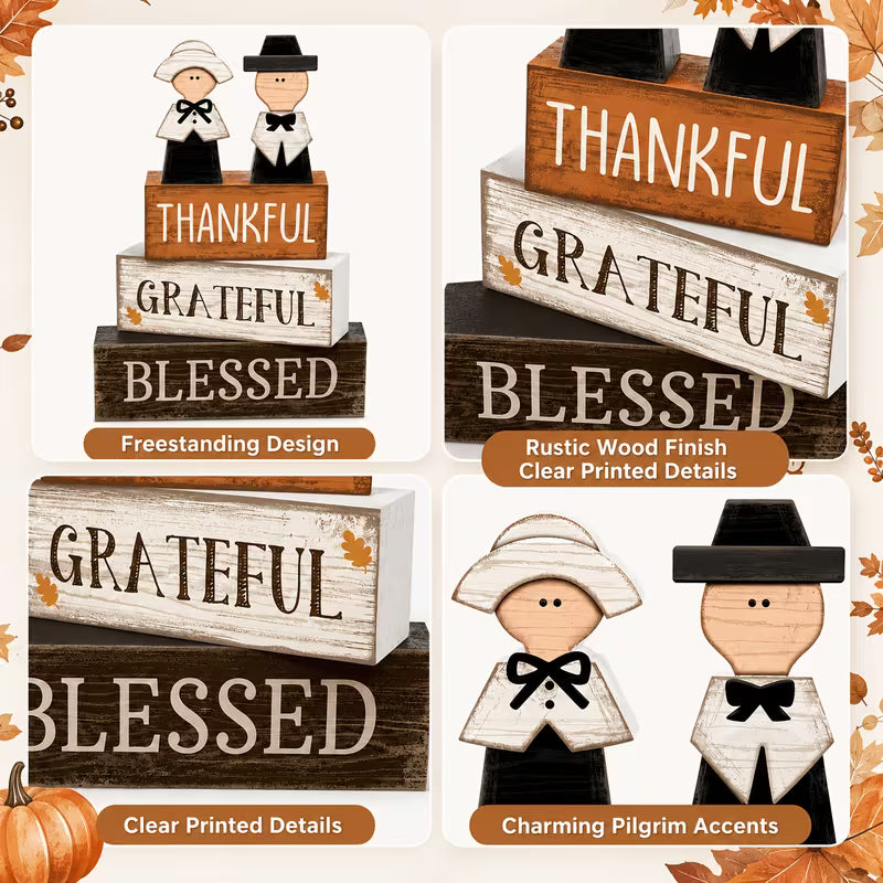 Thanksgiving Tiered Tray Decoration, Rustic Wooden Pilgrim Couple
