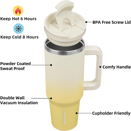 40 Oz Tumbler with Handle Insulated Stainless Steel Thermal Cup with Lid & Straw - Lemon Double Wall Vacuum Travel Mug