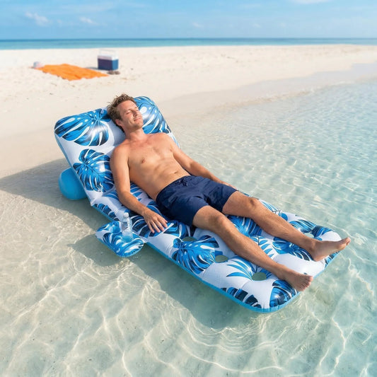Inflatable Pool Float Adult - Pool Floaties Lounger Floats Floating Chair Raft with Adjustable Backrest Cup Holders Water Floaty Lake Lounge Tanning Floats Beach Party Toys for Adults (Blue)