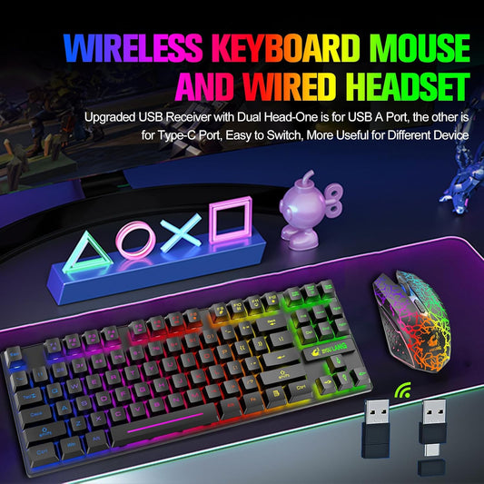 Wireless Gaming Keyboard & Mouse Combo – 87-Key TKL Rainbow RGB Backlit, Rechargeable 3800mAh Battery, Anti-Ghosting, Mute Mouse & Pad, Black