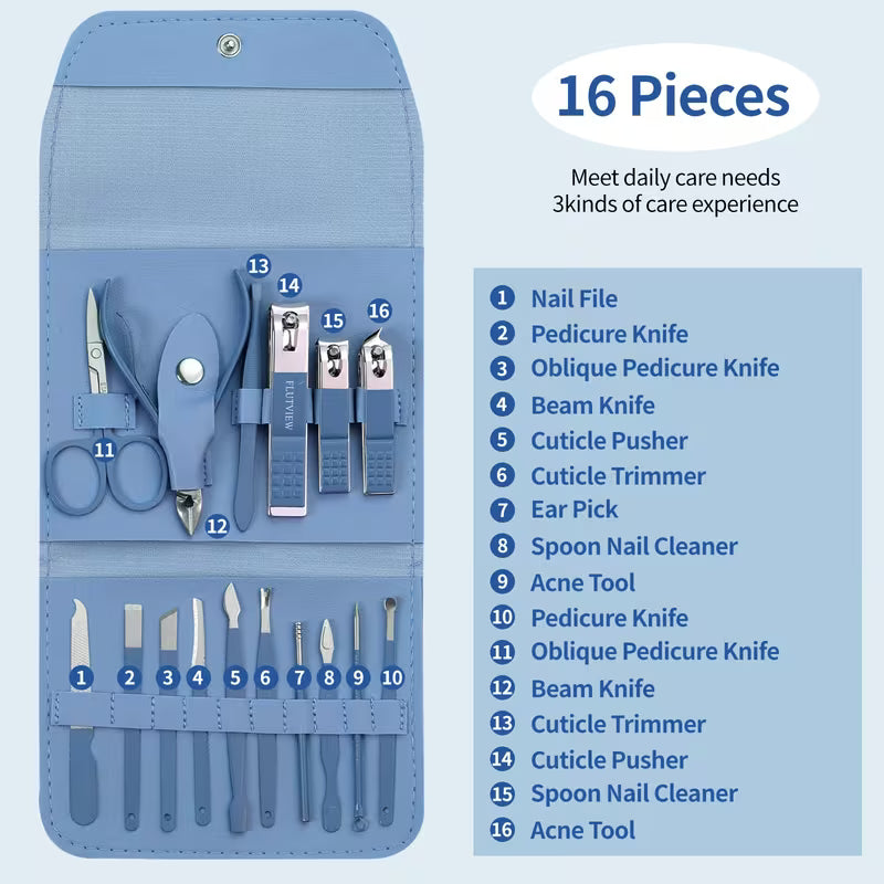 Blue fold-out case holding a 16-piece stainless steel nail clipper and manicure tool set, with tool list