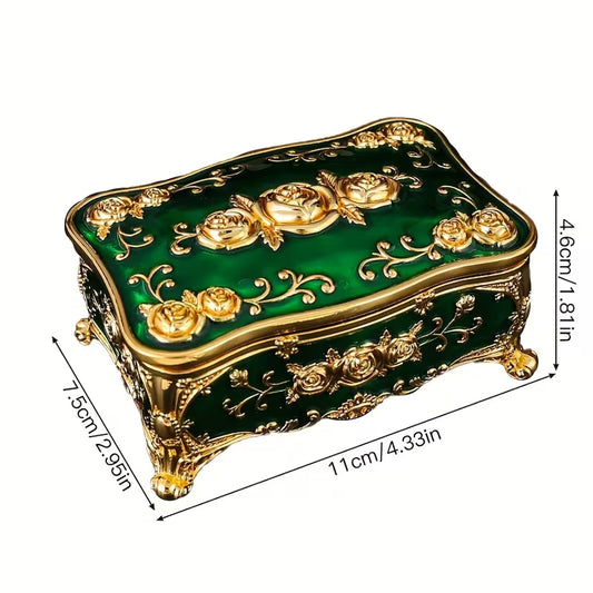 Vintage European Metal Jewelry Box, Golden Floral Enamel