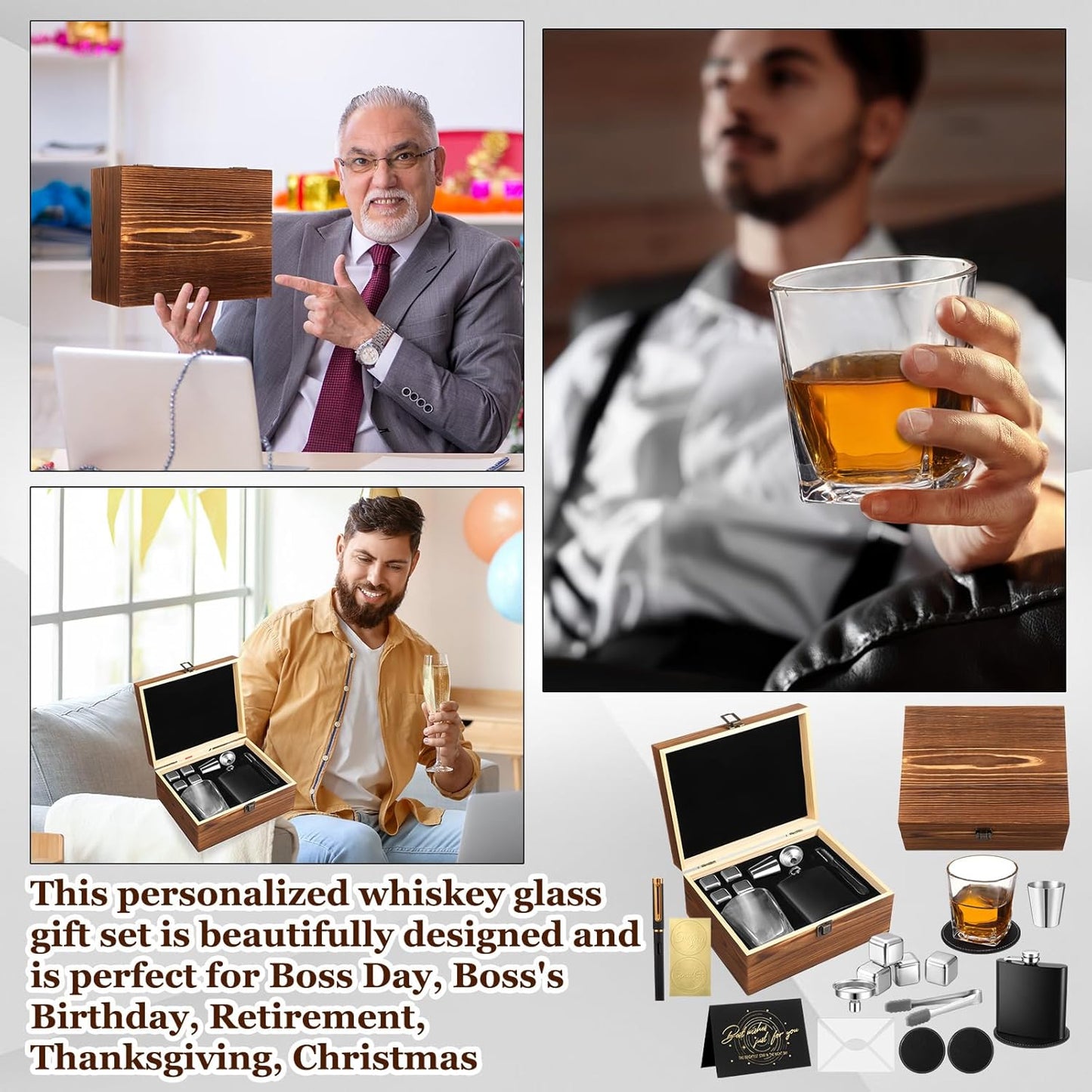 Gifts for Men Dad,12 Pcs Whiskey Gifts Set with Whiskey Glasses Stainless Steel Stones Flask Coaster Pen Card for Father'S Day Birthday Retirement Gift for Husband Drinking Lover(Classic)