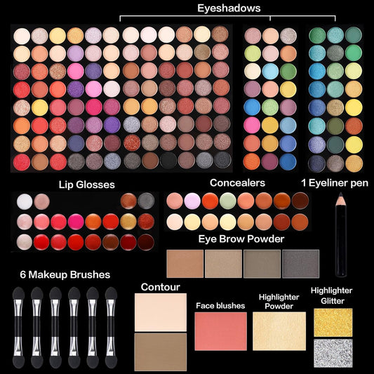 All-In-One Professional Makeup Kit – 144 Eyeshadows, Lip Gloss, Concealer, Contour, Blush, Highlighter & Brushes Gift Set for Women & Girls