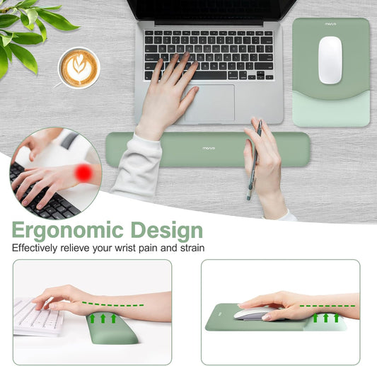 Keyboard Mouse Pad Set, Large Gaming Mouse Pad&Rectangular Keyboard Wrist Rest&Mousepad with Wrist Rest&Coaster, Ergonomic Non-Slip&Easy Typing Pad with Curved Silicone Lining, Antique Green