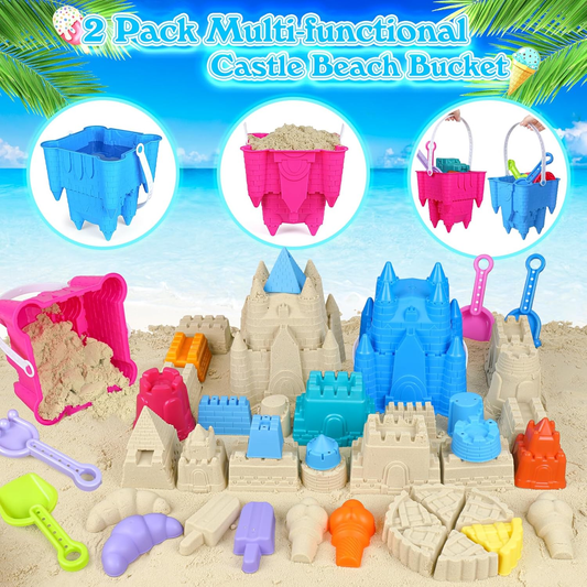 Beach Sand Castle Toys Set – 2 Castle Buckets, Mesh Bag, Molds, Shovels & Rakes for Kids Ages 3–10