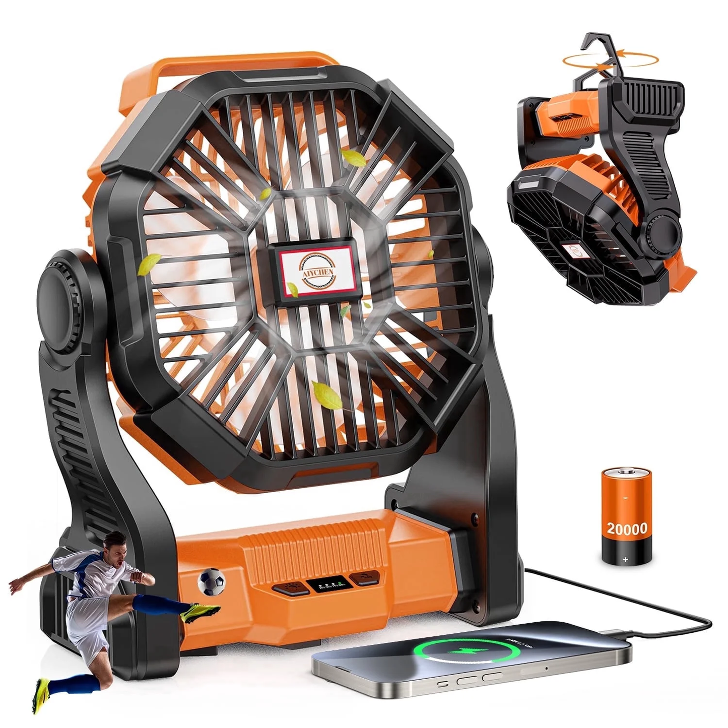 Camping Fan with LED Lantern – 20,000mAh Rechargeable Battery, 270° Rotation, Portable, Orange