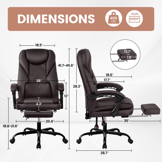 Big and Tall Executive Office Chair with Footrest – Reclining Faux Leather, High Back, Lumbar Support, 400 lbs, Coffee