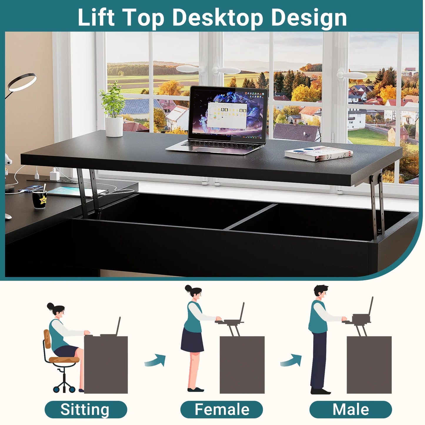 Lift Top L-Shaped Desk with Charge Station, Corner Standing Desk with File Drawers for Home Office