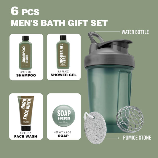 Fathers Day Gift 6 PCS Gifts for Men Fresh Herbal Scent Body Wash Sets, Mens Gift with Sport Water Bottle, Shower Gel, Face Wash, Birthday Christmas Gifts for Him