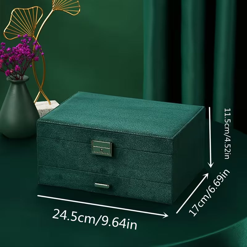 Deep green velvet jewelry box with a drawer on a green backdrop, shown with size measurements