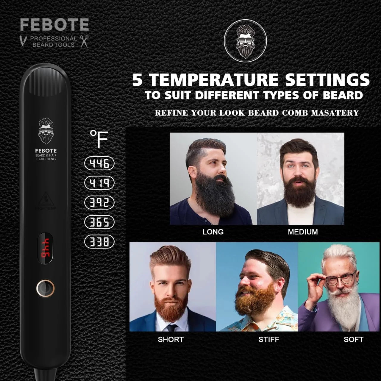 Febote Beard Straightener Kit for Men, Heated Ceramic Beard Straightening Brush for Coarse Curly Beard Hair, All-In-One Grooming Kit with Oil, Balm, Comb, Scissors & Travel Case, Gift for Him