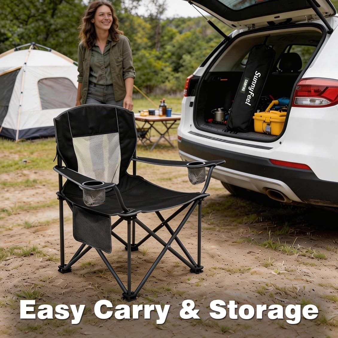 Camping Chairs for Adults, Oversized Camping Chair Heavy Duty 500LBS, Portable Lawn Chair with Cup Holder, Side Pocket&Bag for Outdoor Camping/Beach/Picnic/Fishing, Black