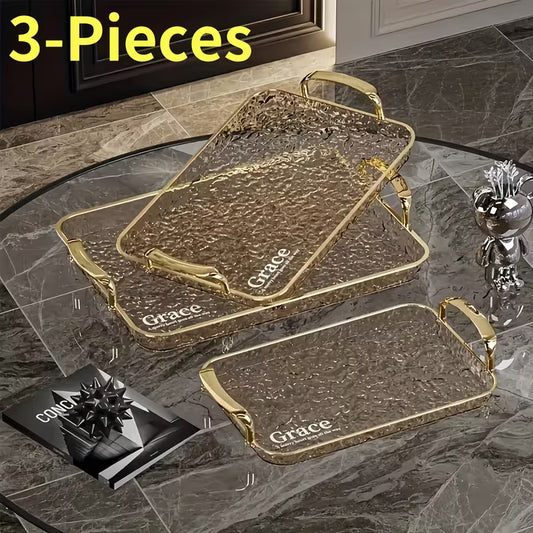 3-Piece Clear Serving Tray Set with Gold Rims, Large to Small