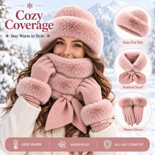 Woman in pink faux fur hat, knit scarf and gloves in snow, with close-ups of each piece