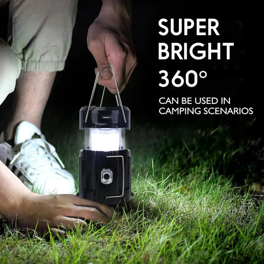 Solar Camping Lantern with Rechargeable Battery, Collapsible LED Light and Integrated Cooling Fan, Portable Emergency Light for Outdoor, Black
