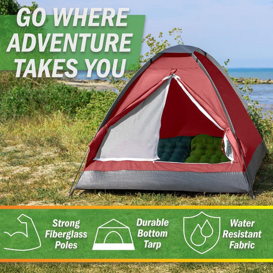 2-Person Brick Red Happy Camper Tent - Easy Setup Lightweight Backpacking Tent with Rain Fly, Ventilation Window & Storage Pocket