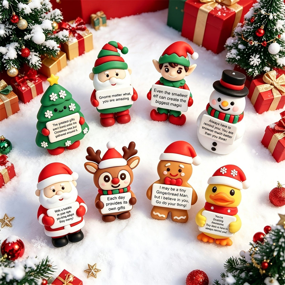 Christmas silicone figurines of Santa, an elf, a snowman and a reindeer with message cards