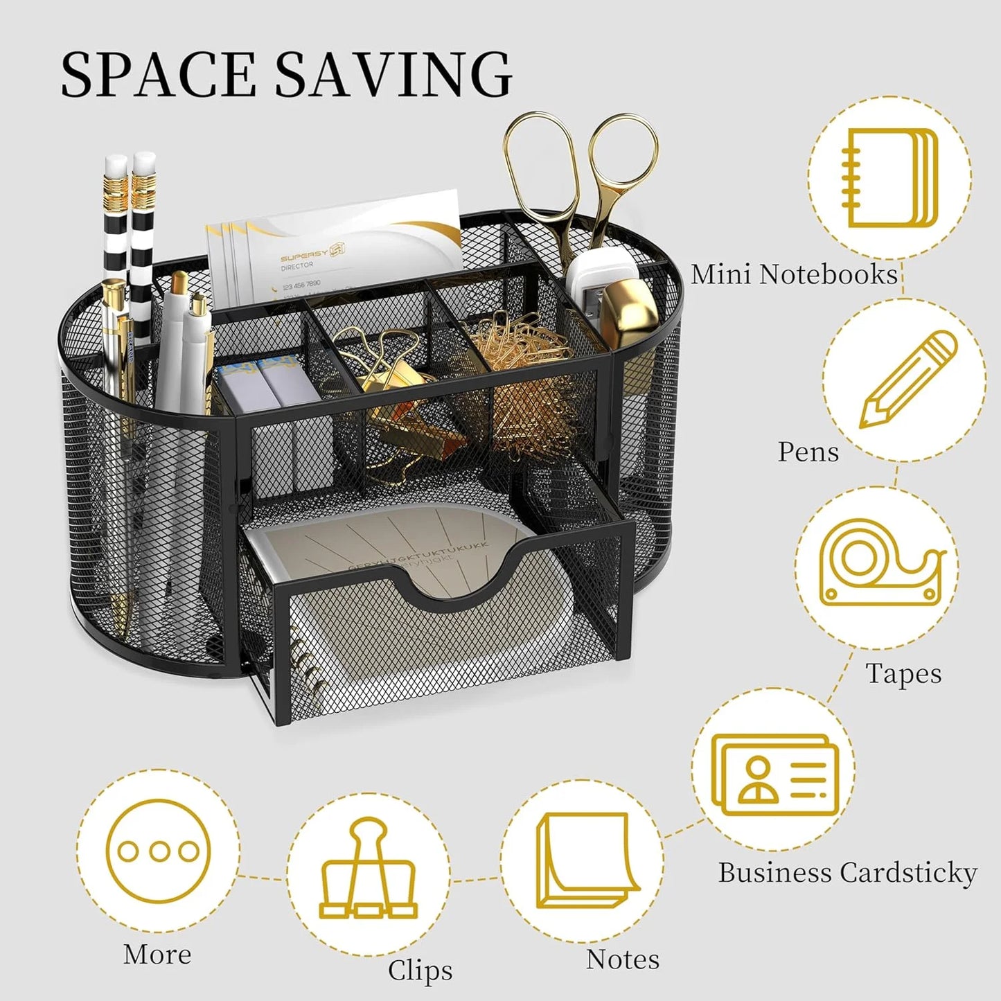 Small Mesh Desk Organizer with Drawers, Desk Accessories with 9 Compartments, Makeup Organizer, Black