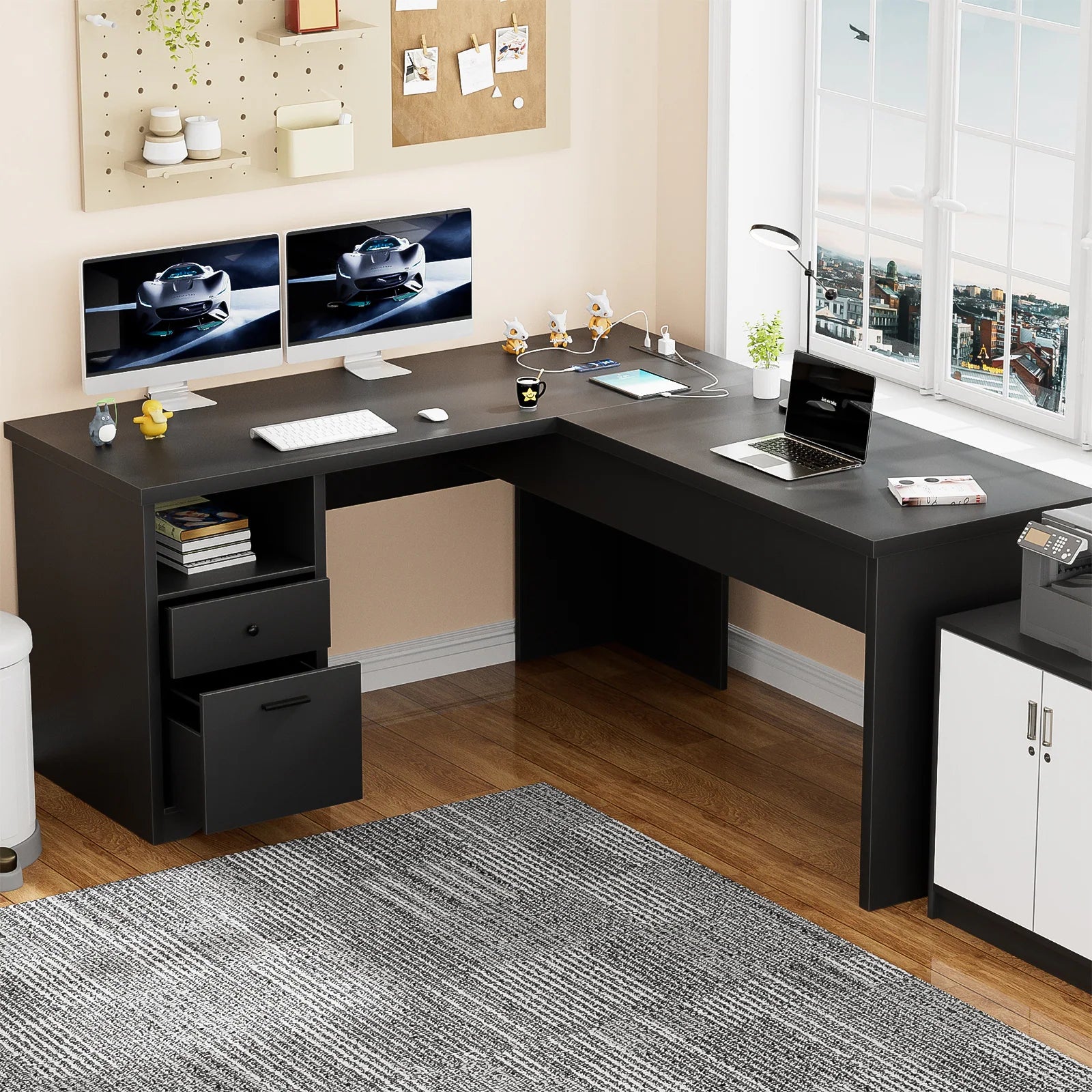 Lift Top L-Shaped Desk with Charge Station, Corner Standing Desk with File Drawers for Home Office