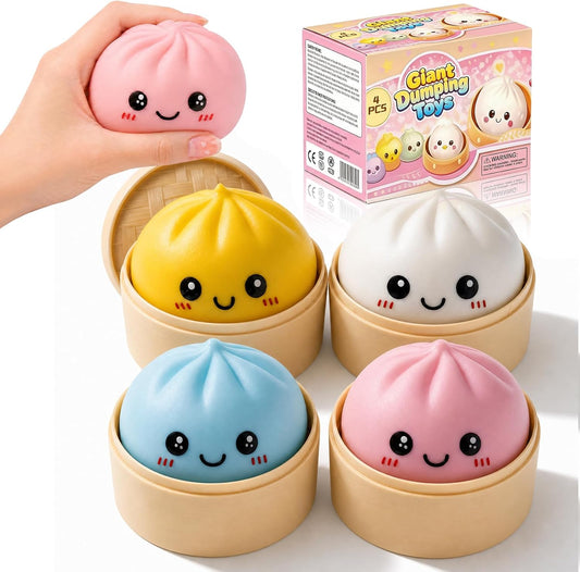 Dumpling Squishy 4 Pack with Food Steamer - 3.96 Inch Squishy Dumpling,Jumbo Dumpling Squishy Toys, Soft TPR Material, for Kids Adults, Stress Relief, Desk Toys