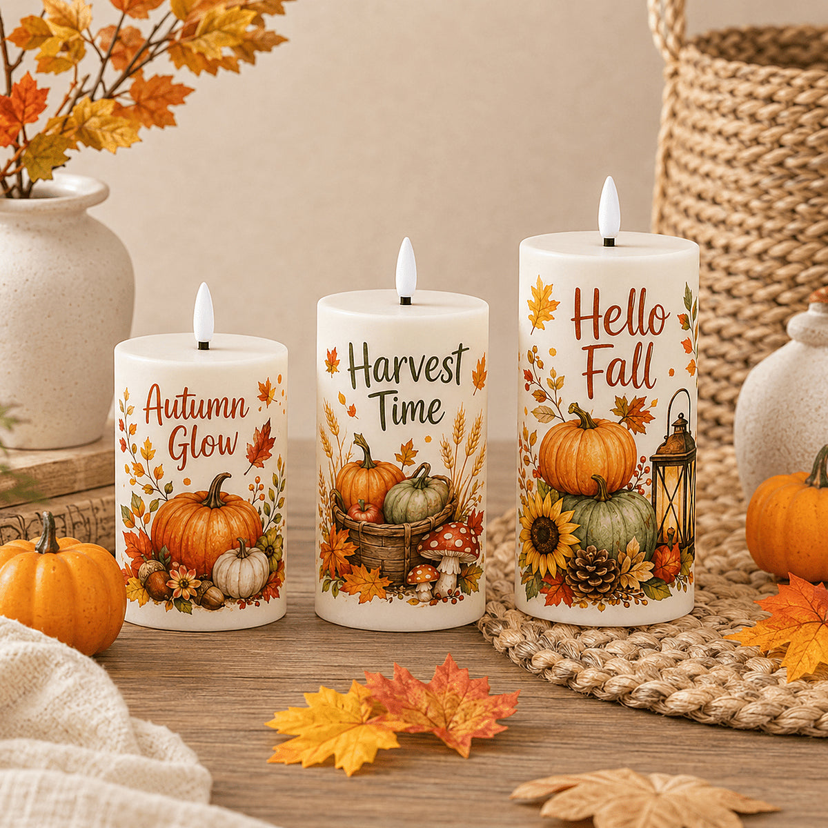 Fall Harvest Flameless Pillar Candles, 3-Piece LED Set with Remote
