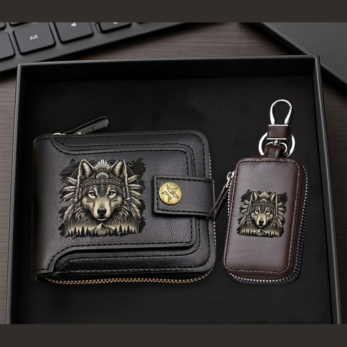 Men's Black Wolf-Print Wallet with Dark Brown Key Case, 2-Piece Set