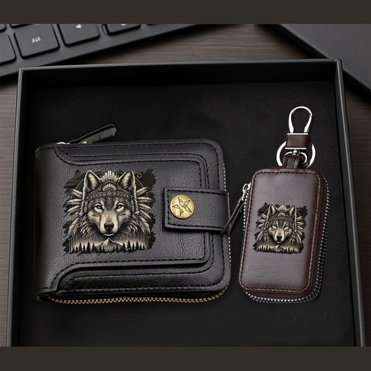 Men's Black Wolf-Print Wallet with Dark Brown Key Case, 2-Piece Set