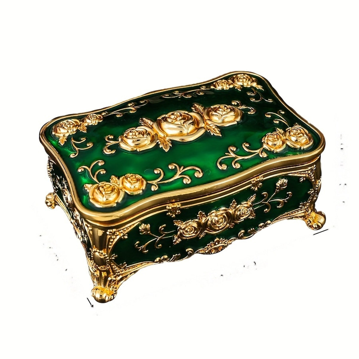 Vintage European Metal Jewelry Box, Golden Floral Enamel
