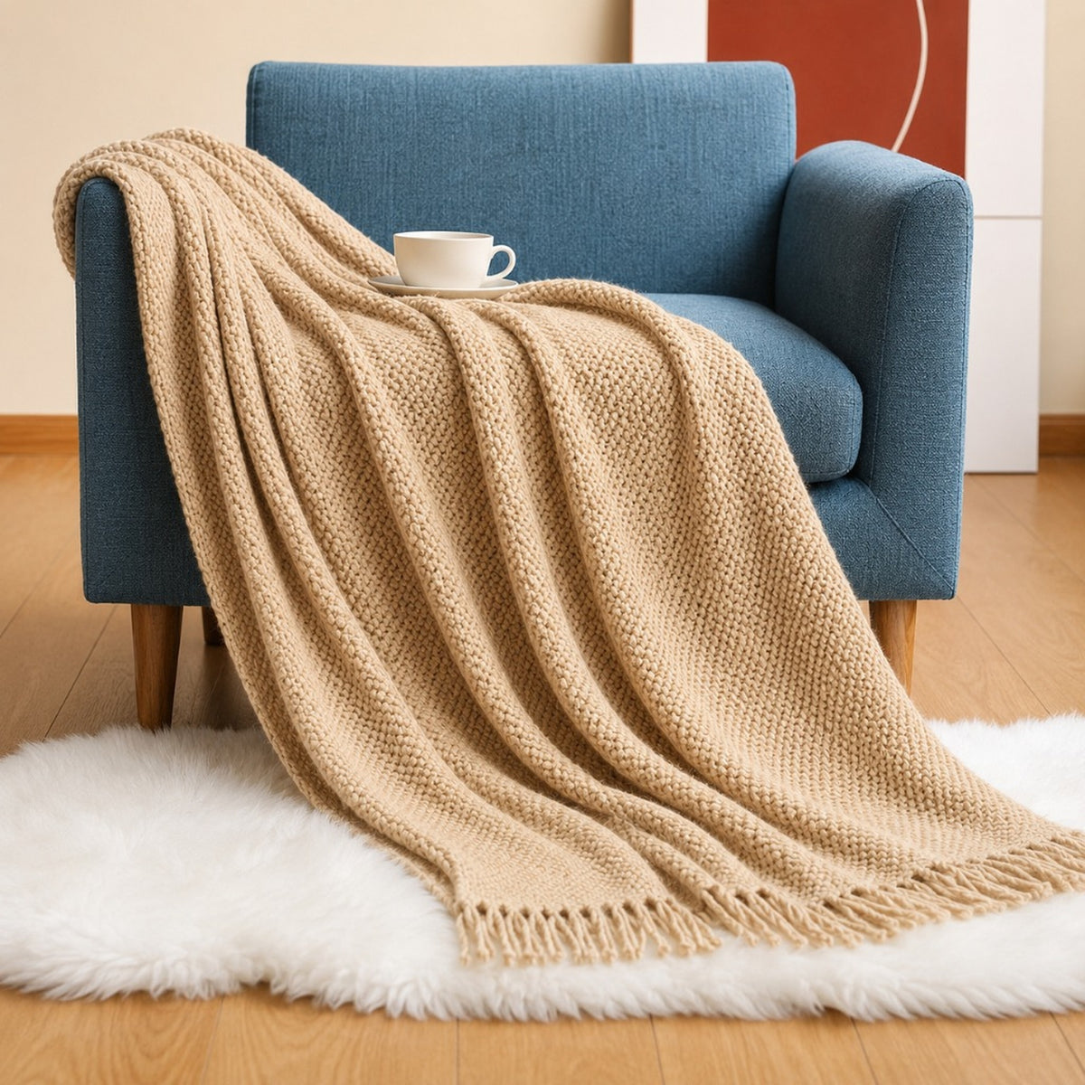 Beige Acrylic Popcorn Texture Throw Blanket with Tassels