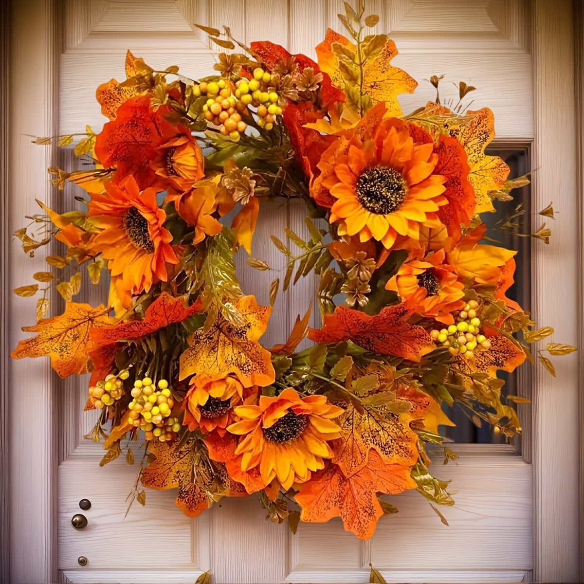 Sunflower and Maple Leaf Artificial Fall Wreath, 15.75 in