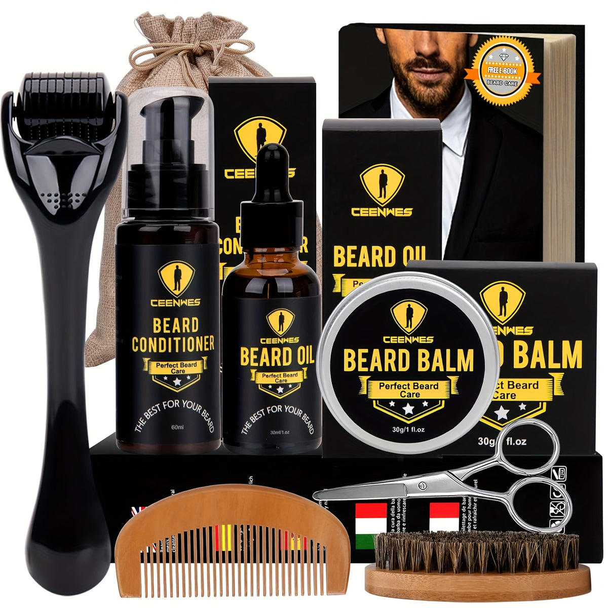 Beard Grooming Kit with Oil, Conditioner, Brush, Comb and Scissors