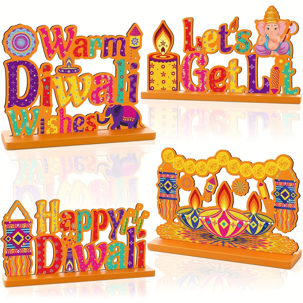 4-Piece Happy Diwali Wooden Table Sign Set