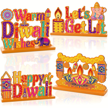 4-Piece Happy Diwali Wooden Table Sign Set