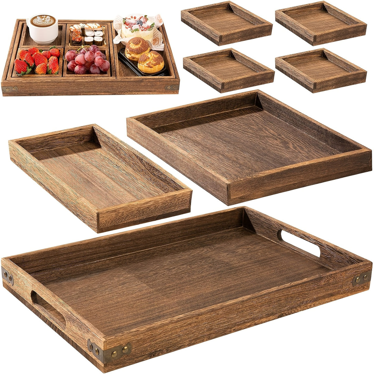 7-Piece Paulownia Wood Nesting Serving Tray Set, Wood-Grain Decor